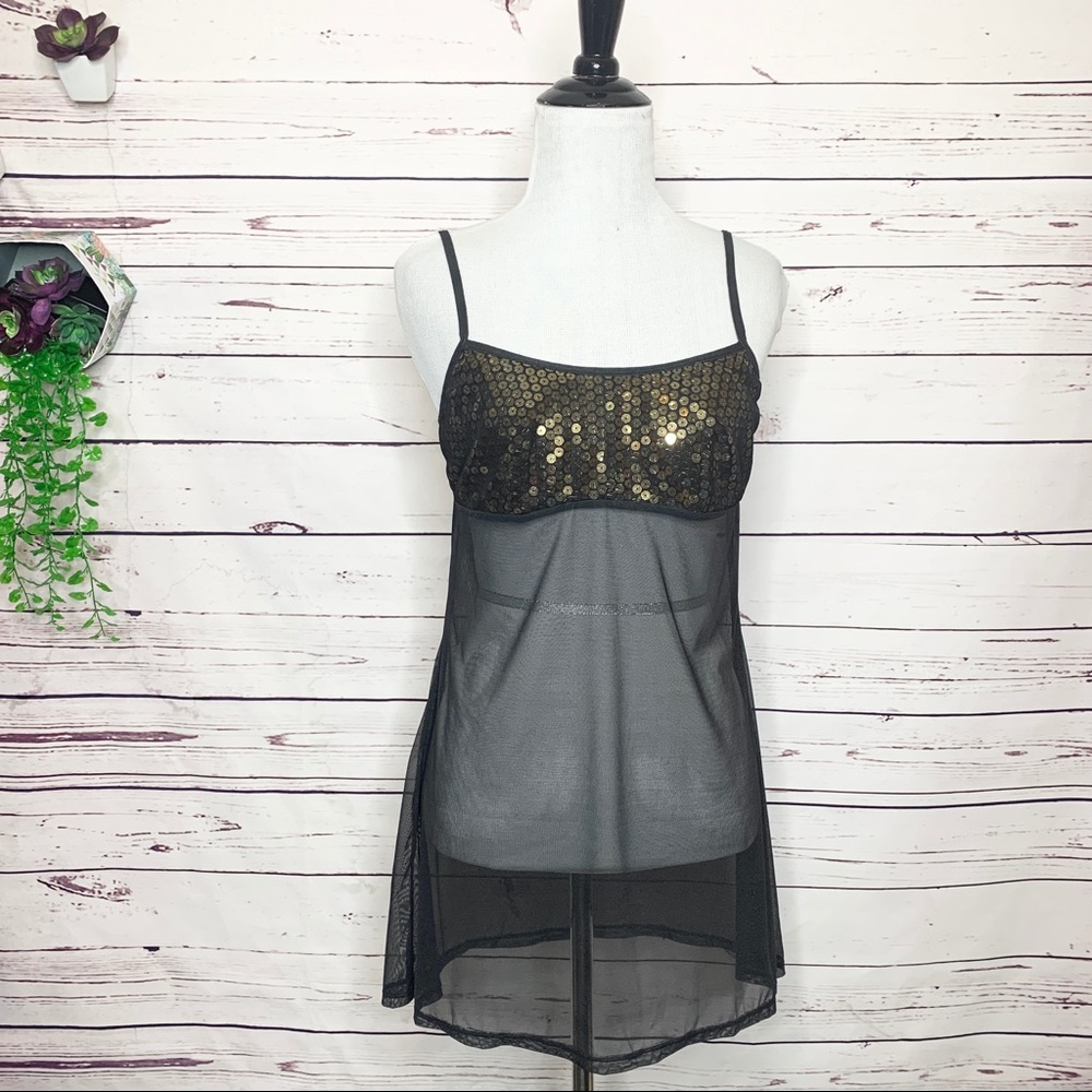 Victoria’s Secret Gold Sequin & Sheer Black Mesh Lingerie Chemise Size Small